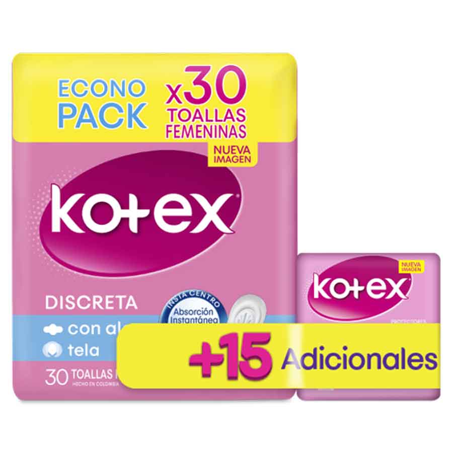 Imagen de  Toallas Sanitarias KOTEX Discreta tipo Tela con Alas  103822 30 unidades