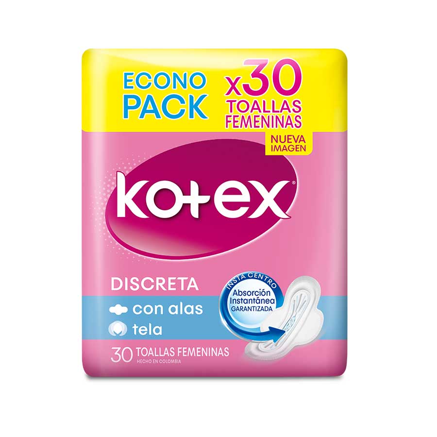 Imagen de Toalla sanitaria kotex discreta de tela con alas 30 unidades